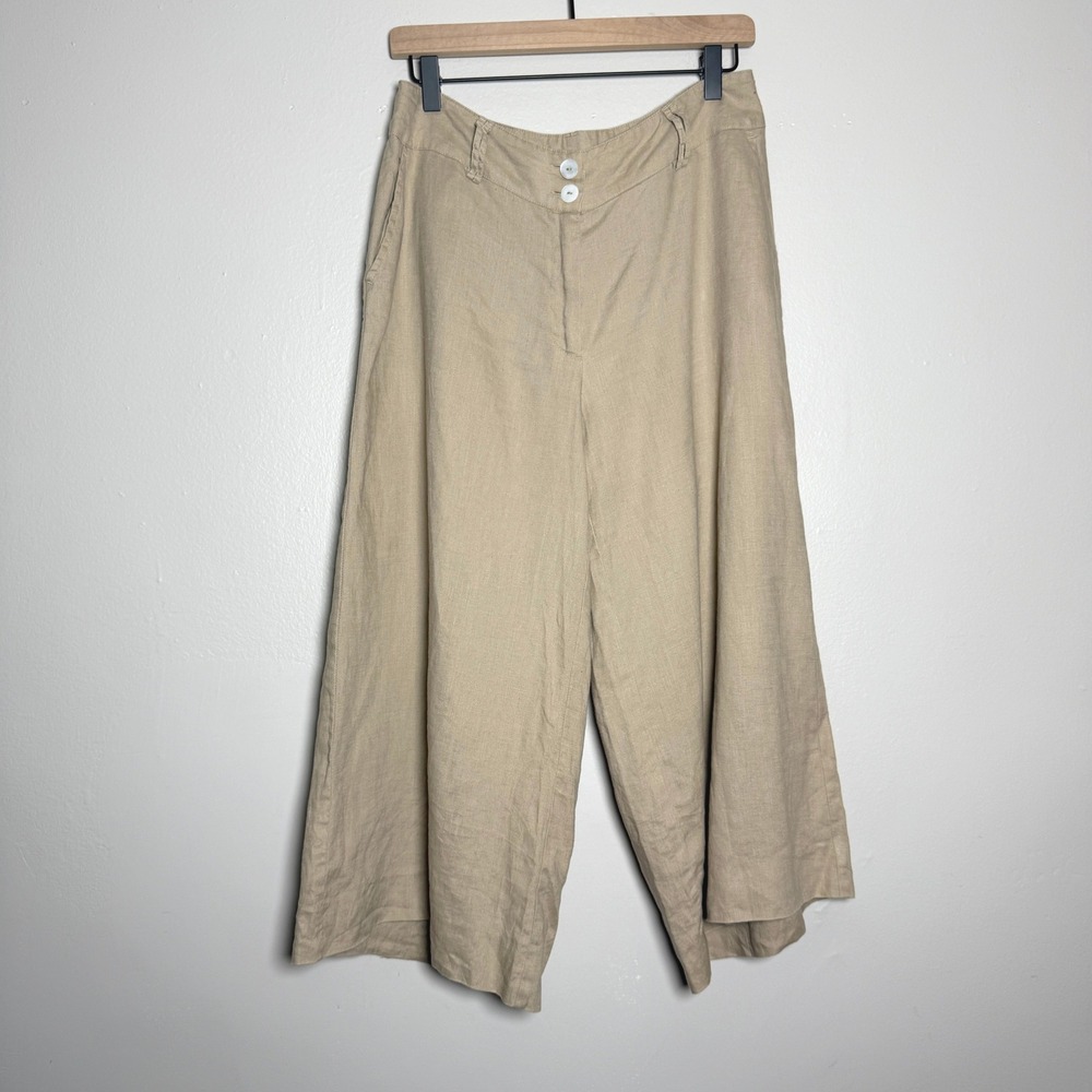 Spiegel Womens Linen Crop Pants 10 Tan Wide Leg Vacation Coastal Lagenlook